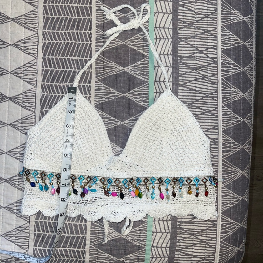 Romwe Beaded Crotchet White Adjustable Top Size M